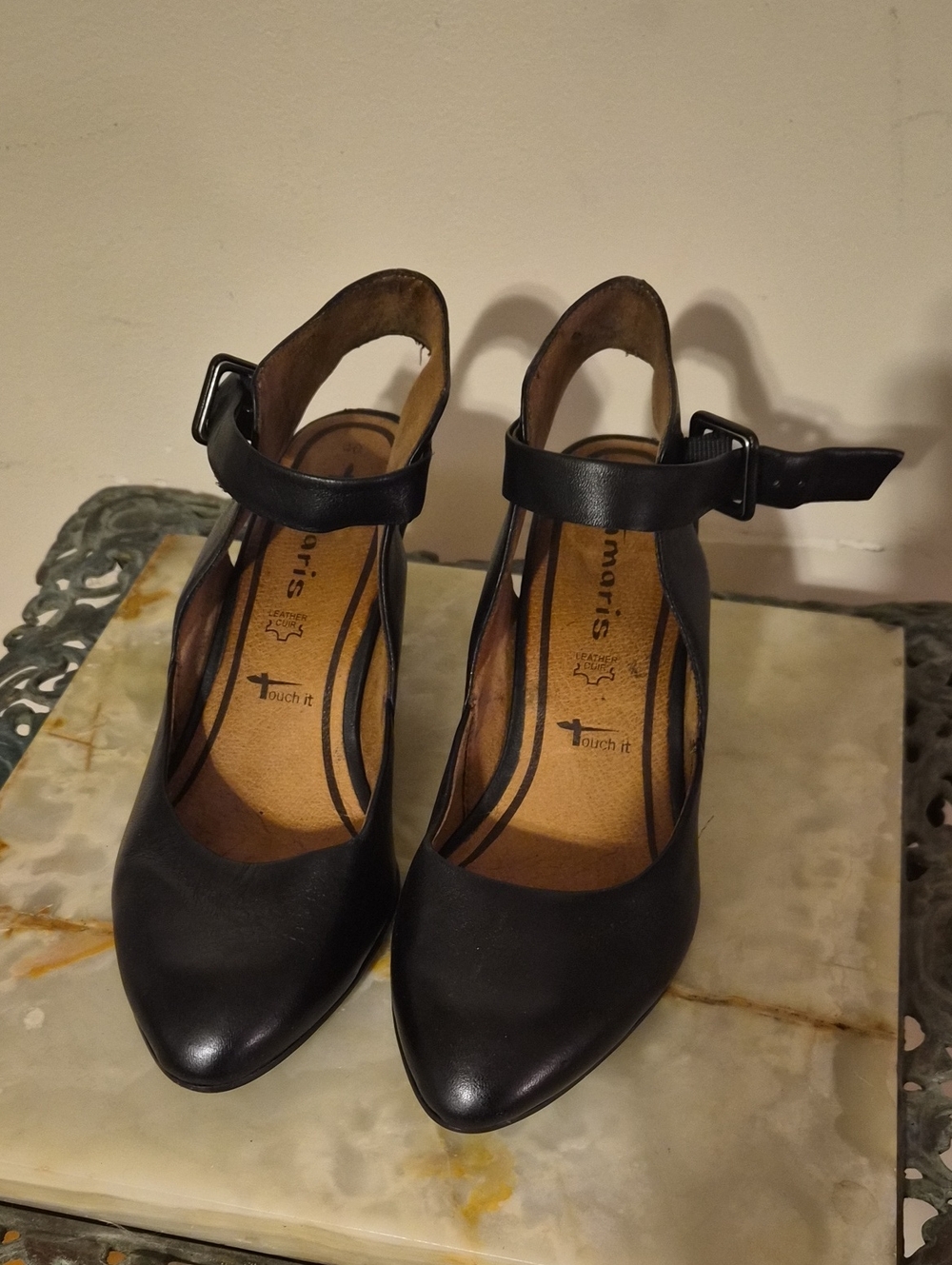 Tamaris- Size EU 40/ US 9.5 Black Leather Ankle-Strap Pump